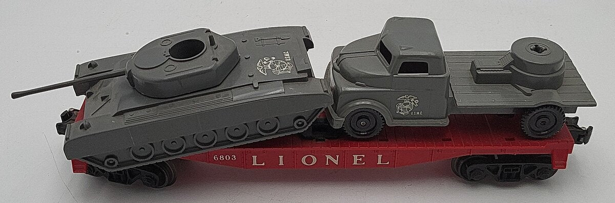 Lionel 6803 Vintage O Flatcar w/ USMC Tank & Sound Truck VG
