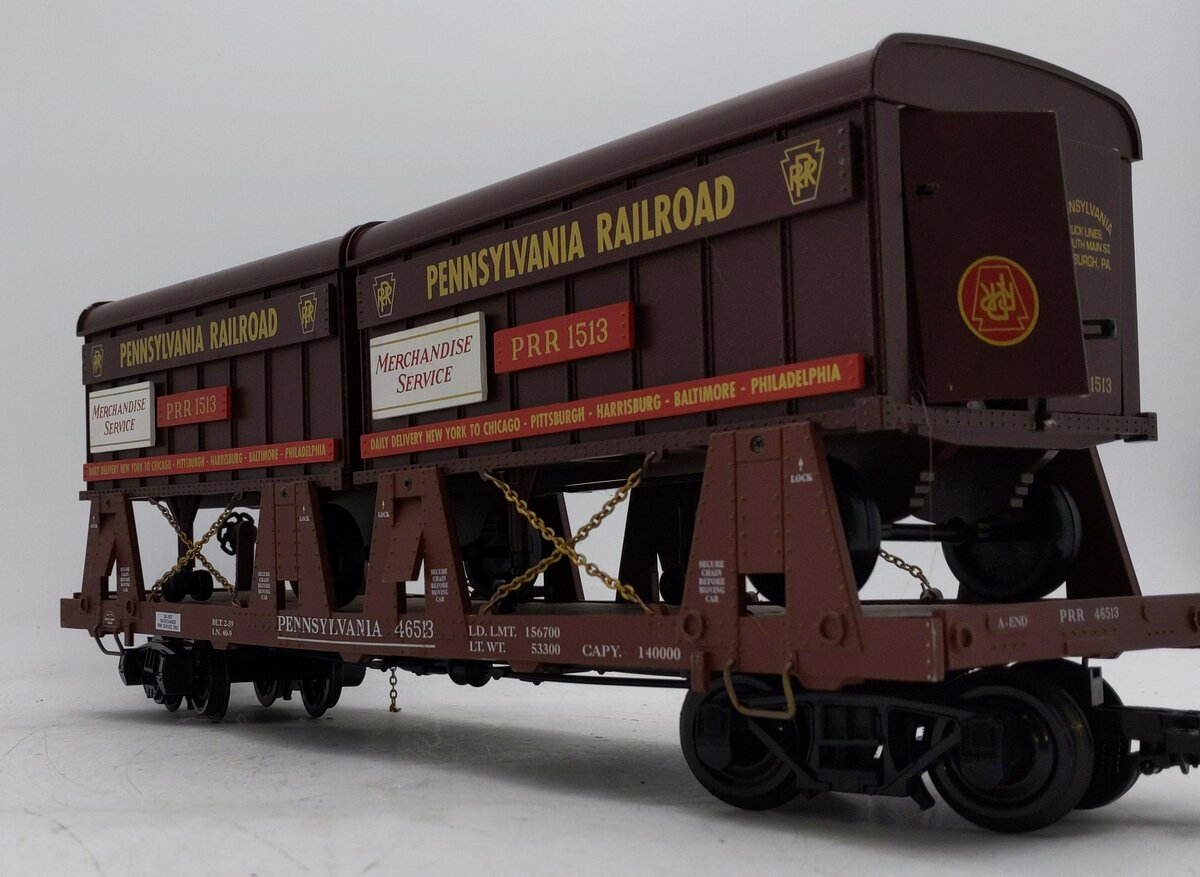Aristo-Craft 46513 PRR Piggyback Flatcar w/2 Trailers EX