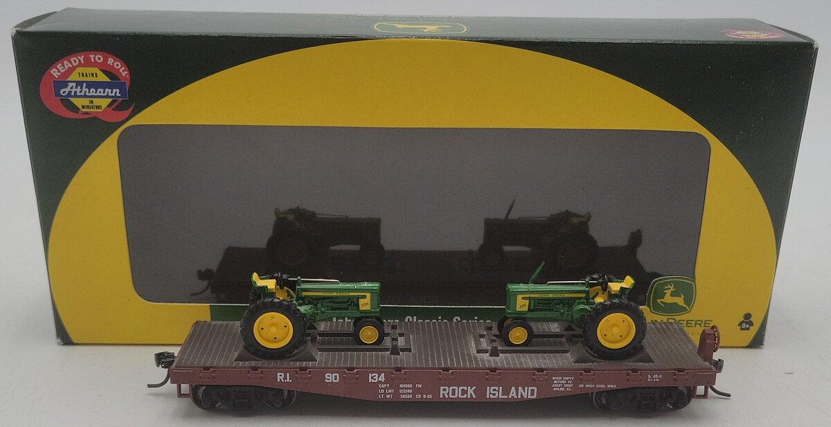 Athearn 81287 HO Scale Rock Island John Deer Flat Car w/ Tractors #90134 EX/Box