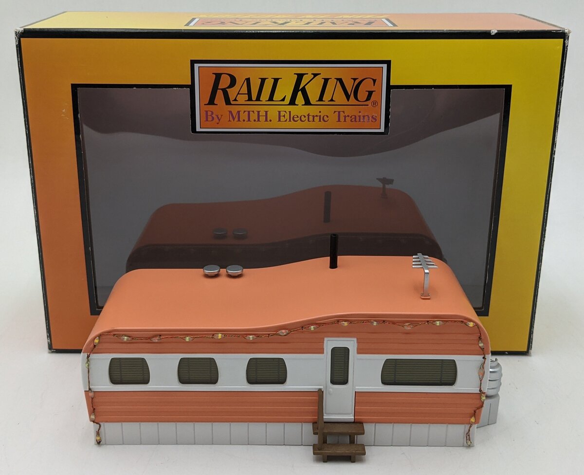 MTH 30-90579 O RailKing Stainless Mobile Home w/ LED Xmas Lights Salmon & White LN/Box
