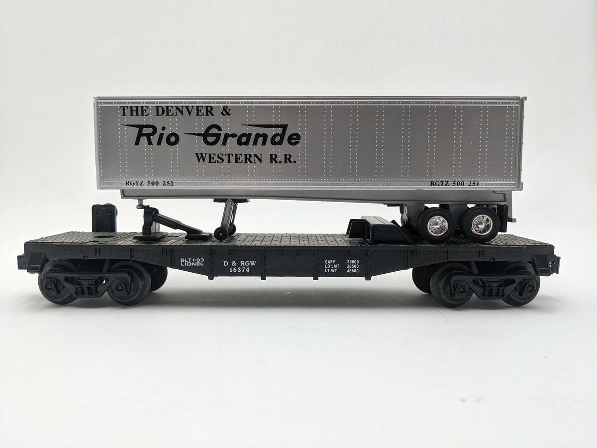 Lionel 6-16374 O Gauge Denver & Rio Grande Western Flatcar with Trailer EX