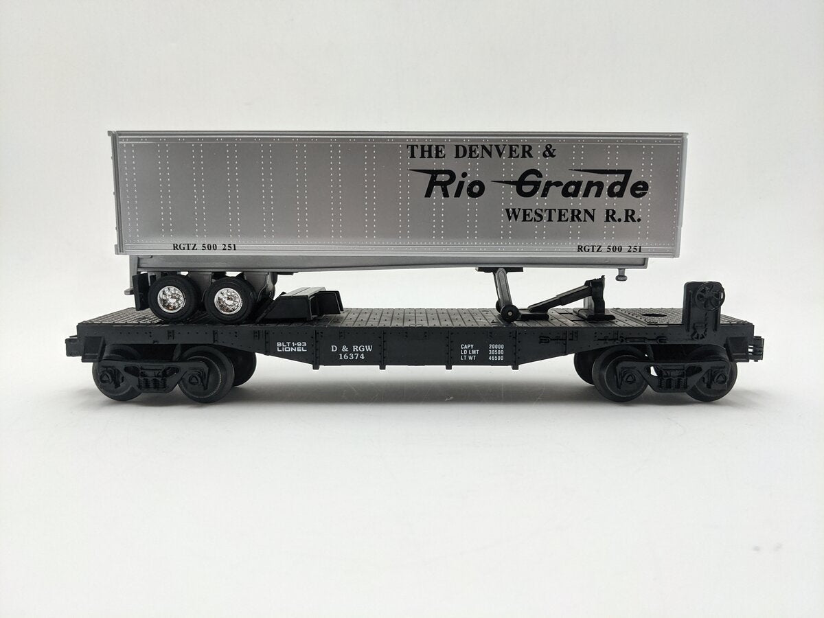 Lionel 6-16374 O Gauge Denver & Rio Grande Western Flatcar with Trailer EX
