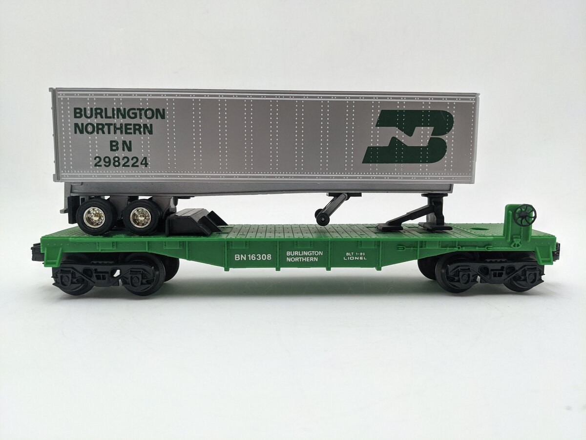 Lionel 6-16308 O Gauge Burlington Northern Flatcar w/Trailer #298224 EX