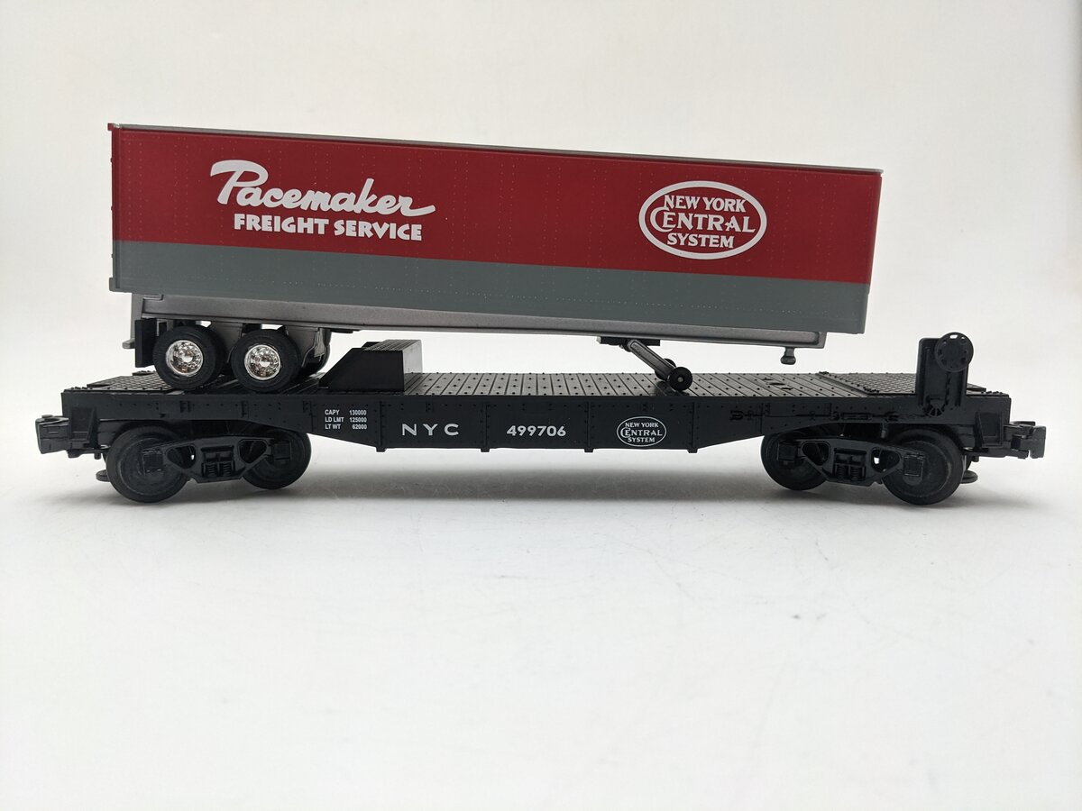 MTH 30-7608 O Gauge New York Central Pacemaker Flatcar with Trailer #499706 EX