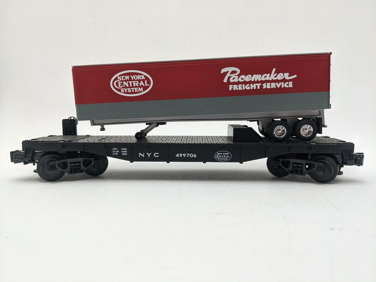 MTH 30-7608 O Gauge New York Central Pacemaker Flatcar with Trailer #499706 EX