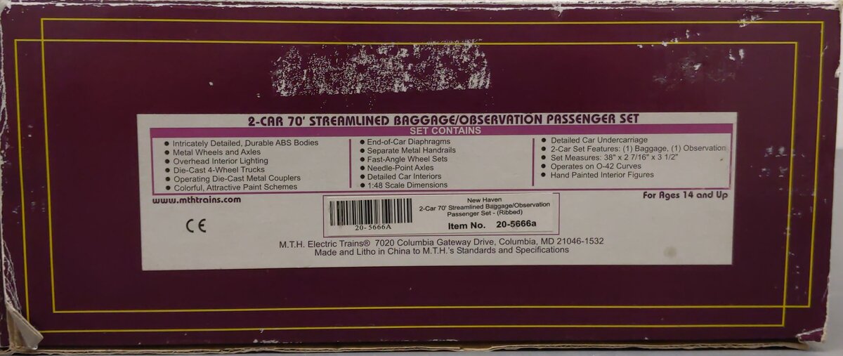 MTH 20-5666a O New Haven 2-Car 70' Streamlined Baggage/Observation Passenger Set LN/Box