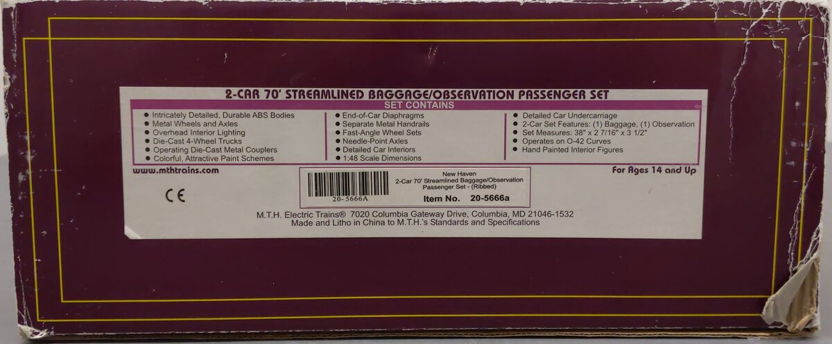MTH 20-5666a O New Haven 2-Car 70' Streamlined Baggage/Observation Passenger Set LN/Box