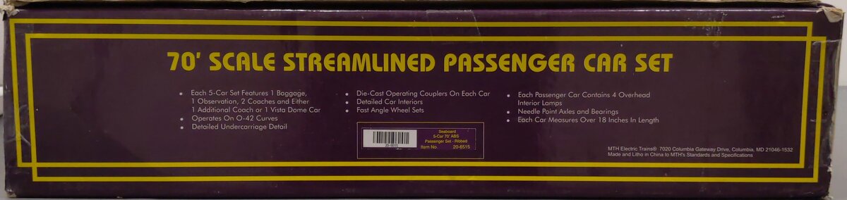MTH 20-6515 O Gauge Seaboard 70' ABS Streamlined Passenger 5-Car Set EX/Box