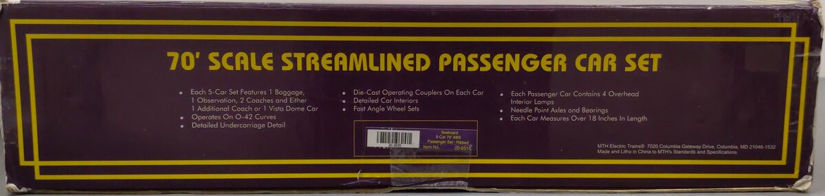 MTH 20-6515 O Gauge Seaboard 70' ABS Streamlined Passenger 5-Car Set EX/Box