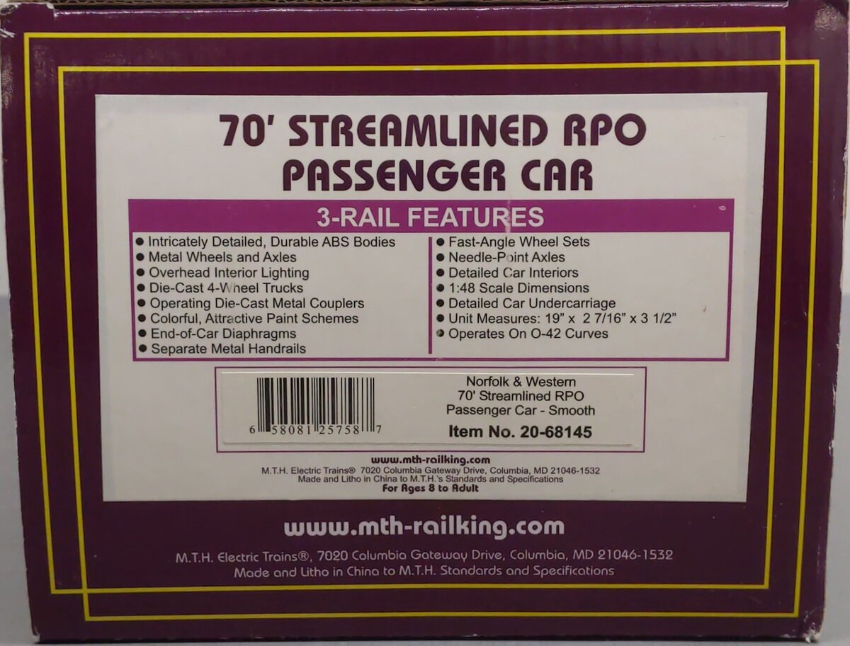 MTH 20-68145 O Norfolk & Western 70’ ABS RPO Passenger Car (Smooth) EX/Box