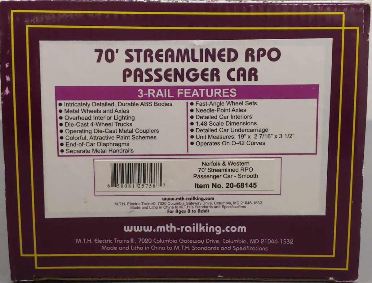 MTH 20-68145 O Norfolk & Western 70’ ABS RPO Passenger Car (Smooth) EX/Box