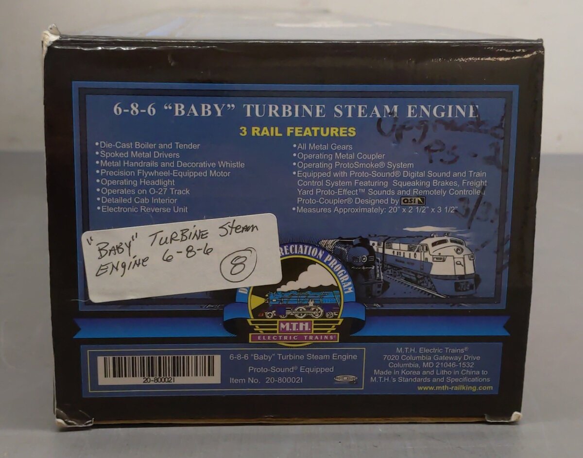 MTH 20-800021 O Gauge PRR 6-8-6 “Baby“ Turbine Steam Loco & Tender w/PS1 LN/Box