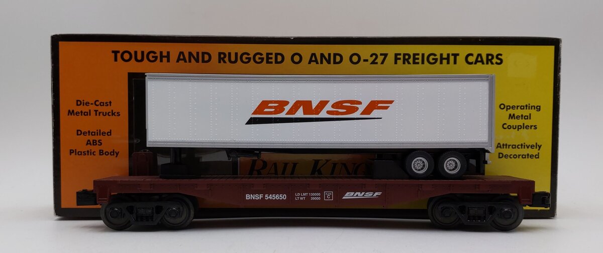 MTH 30-76462 O Burlington Northern Santa Fe Flat Car w/ Trailer #545650 LN/Box