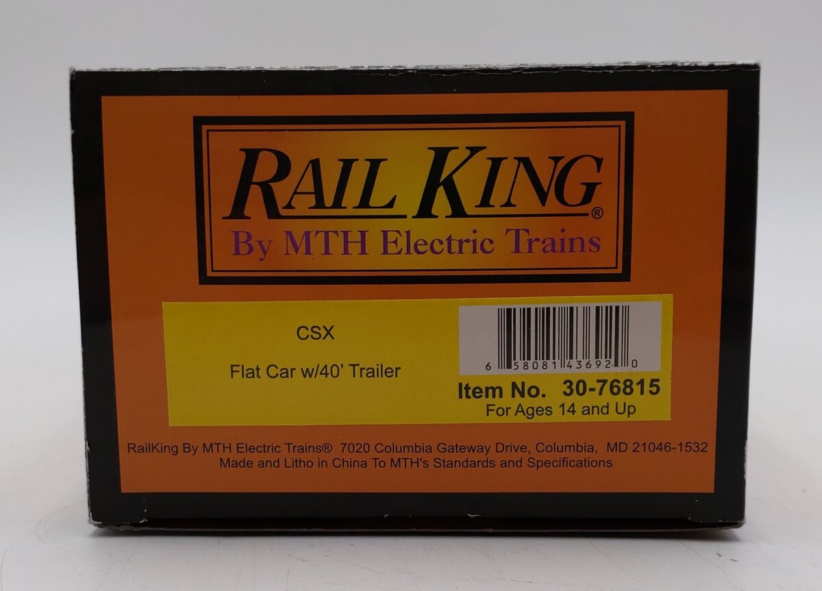 MTH 30-76815 O CSX RailKing Flatcar with 40' Trailer #91220 LN/Box