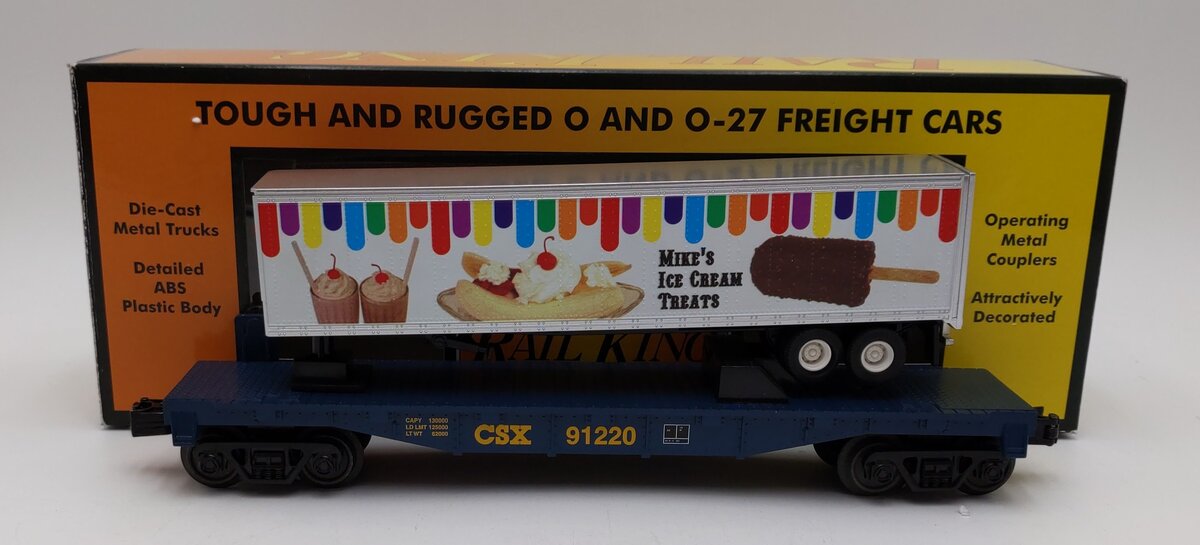 MTH 30-76815 O CSX RailKing Flatcar with 40' Trailer #91220 LN/Box