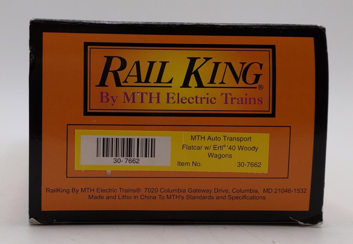 MTH 30-7662 O Gauge MTH Auto Transport Flatcar with Ertl '40 Woody Wagons LN/Box