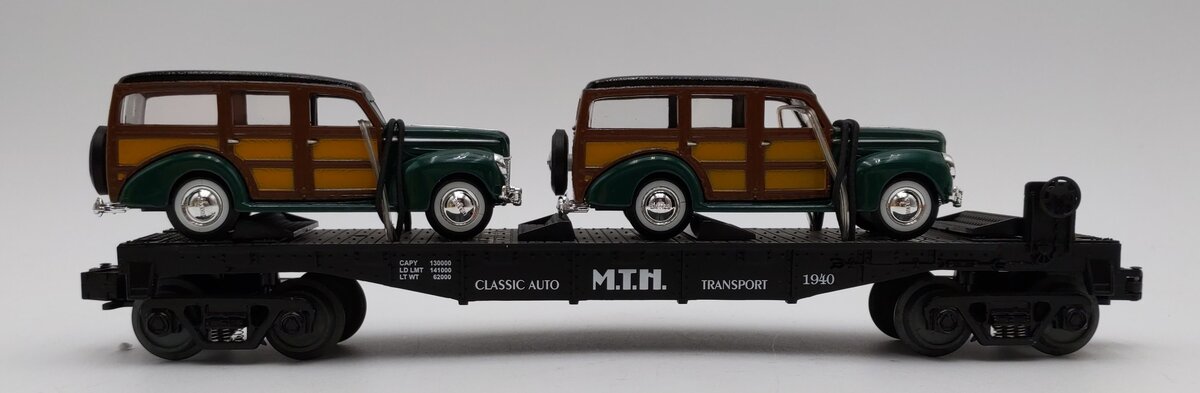 MTH 30-7662 O Gauge MTH Auto Transport Flatcar with Ertl '40 Woody Wagons LN/Box