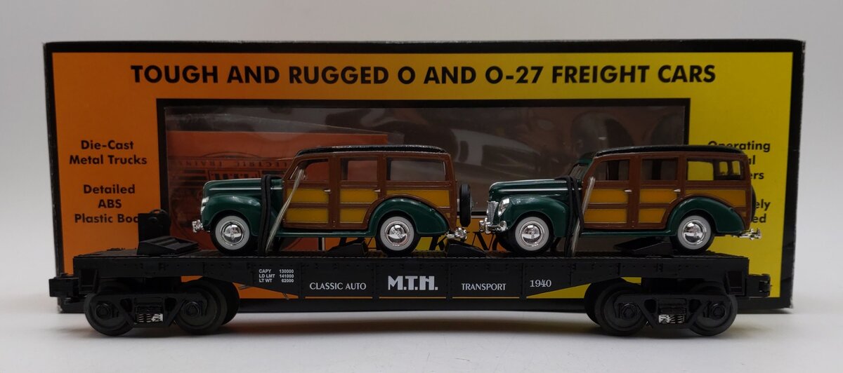MTH 30-7662 O Gauge MTH Auto Transport Flatcar with Ertl '40 Woody Wagons LN/Box