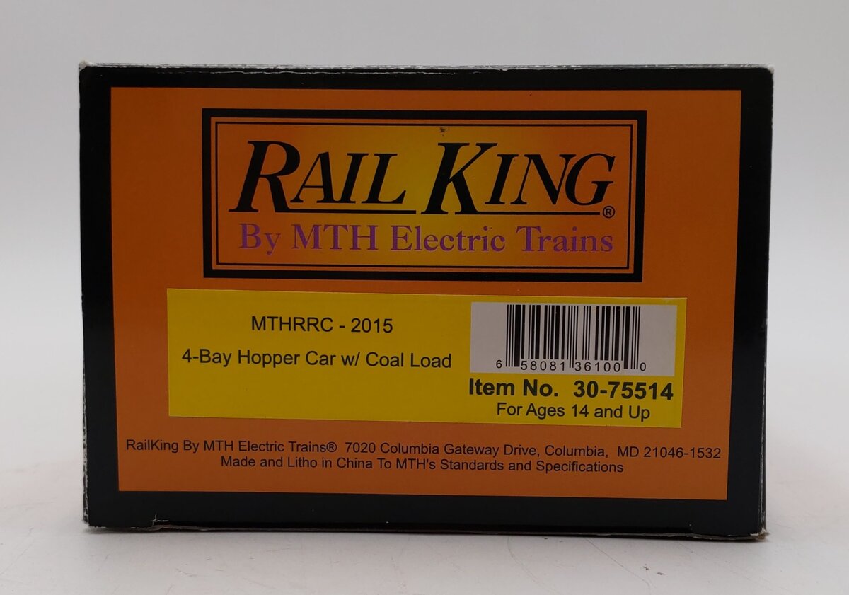 MTH 30-75514 O MTHRRC 2015 4-Bay Hopper Car with Coal Load LN/Box