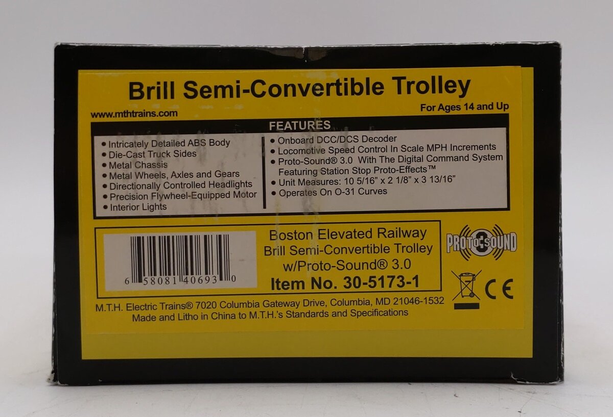 MTH 30-5173-1 O Boston Elevated Railway Brill Trolley #4352 w/Proto-Sounds 3.0 VG/Box