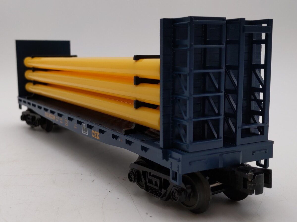 MTH Rail King O Gauge CSX Bulkhead Flat Car with Bulkheads & Pipe Load LN/Box