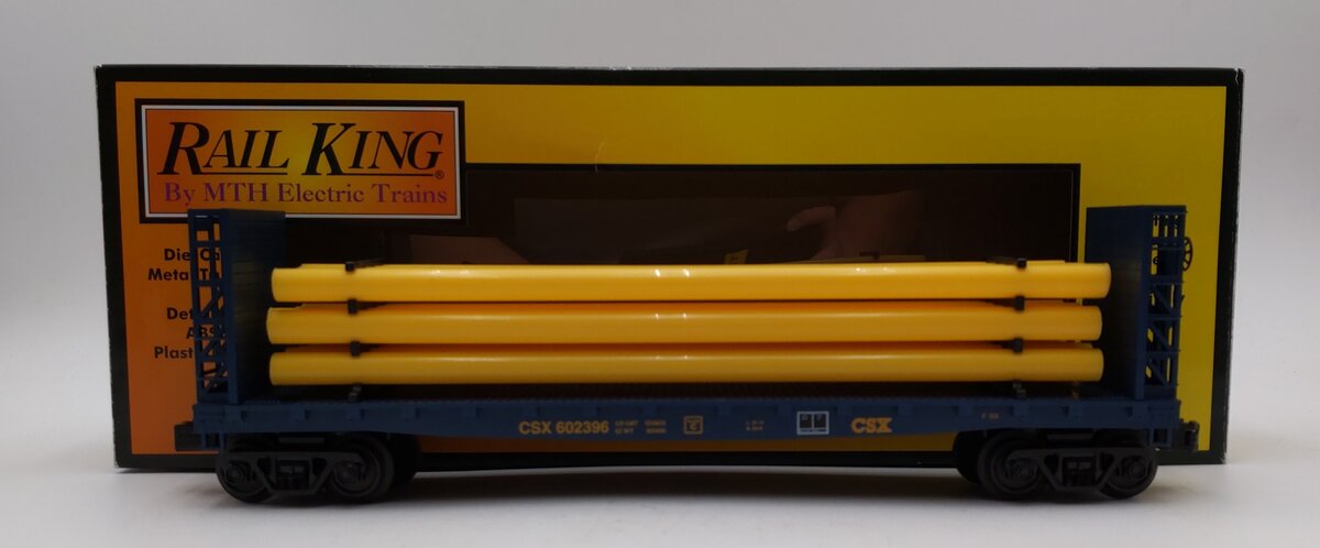 MTH Rail King O Gauge CSX Bulkhead Flat Car with Bulkheads & Pipe Load LN/Box