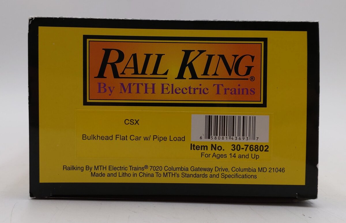 MTH Rail King O Gauge CSX Bulkhead Flat Car with Bulkheads & Pipe Load LN/Box