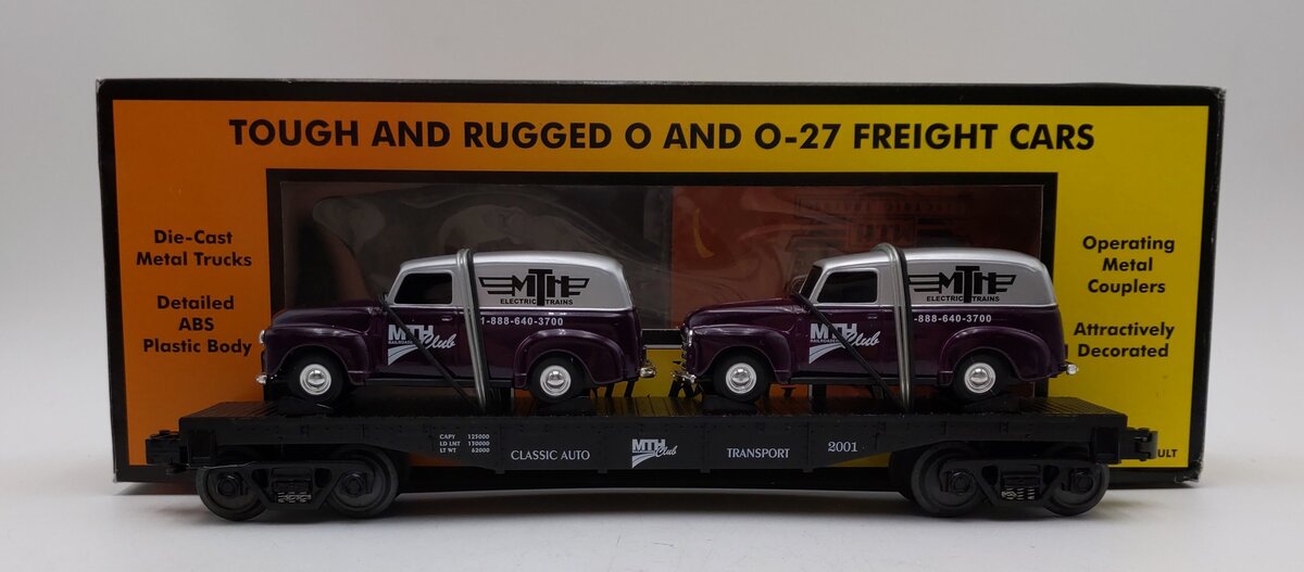 MTH 30-76002 O Gauge MTH RRC-2001 Flatcar with 2 Ertl 1951 Panel Vans LN/Box