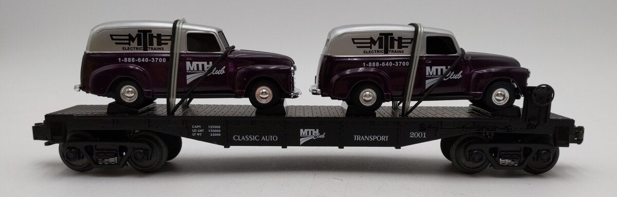 MTH 30-76002 O Gauge MTH RRC-2001 Flatcar with 2 Ertl 1951 Panel Vans LN/Box