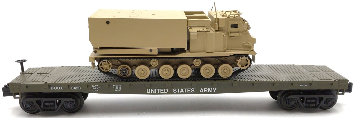 MTH 30-76845 O Desert Scheme Flat Car with M270 Rocket Launcher EX