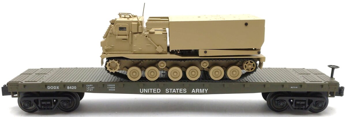 MTH 30-76845 O Desert Scheme Flat Car with M270 Rocket Launcher EX