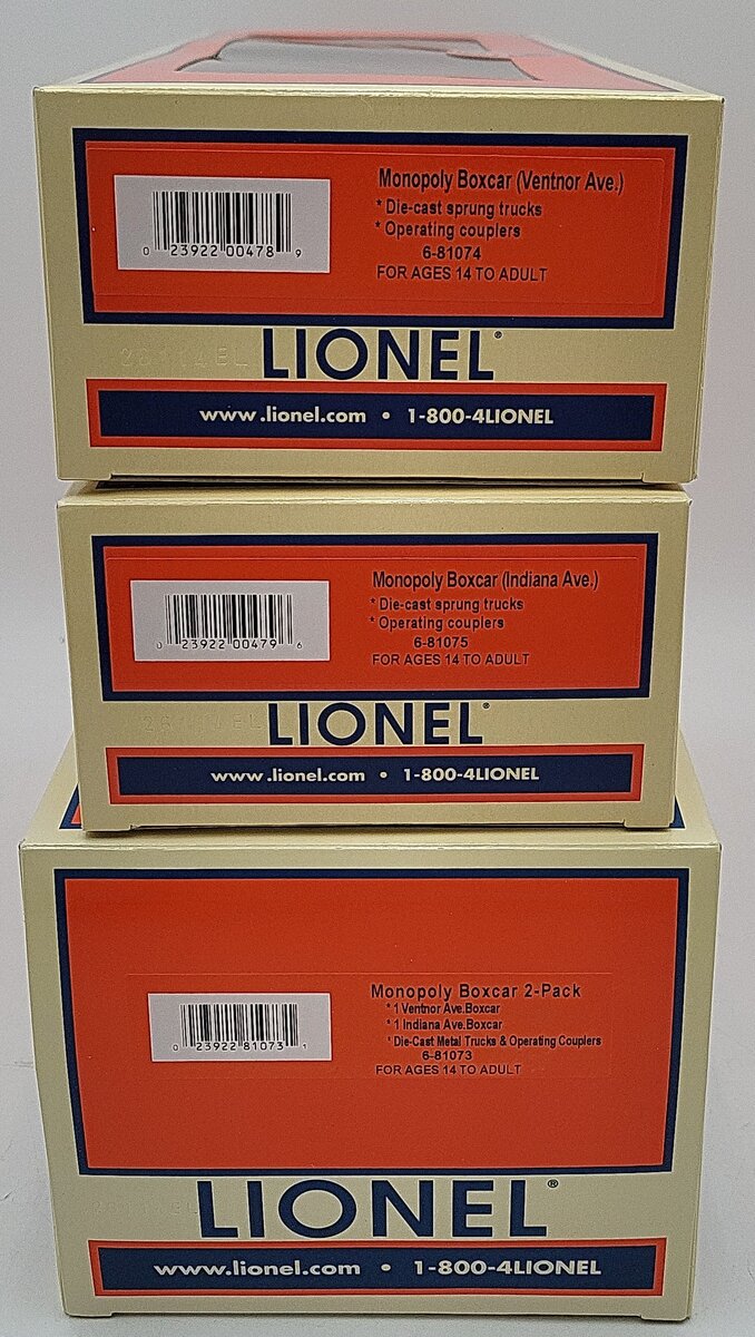 Lionel 6-81073 O Gauge Monopoly Ventor & Indiana Ave. Boxcar (Set of 2) LN/Box