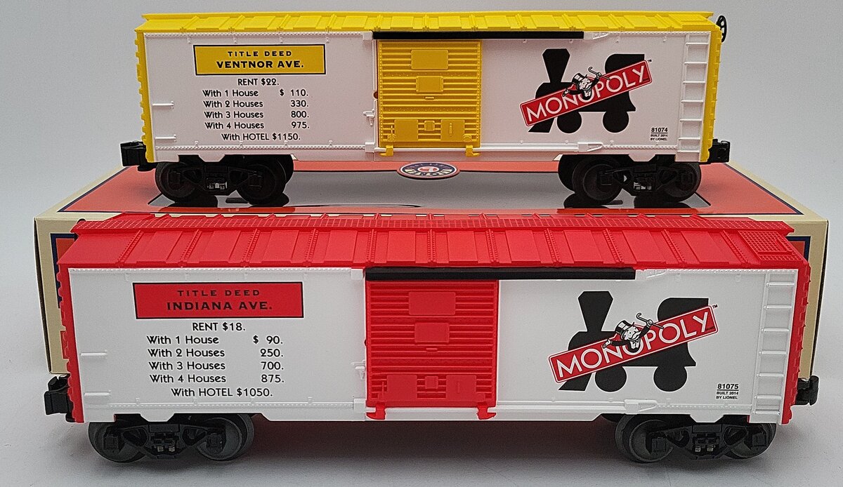 Lionel 6-81073 O Gauge Monopoly Ventor & Indiana Ave. Boxcar (Set of 2) LN/Box