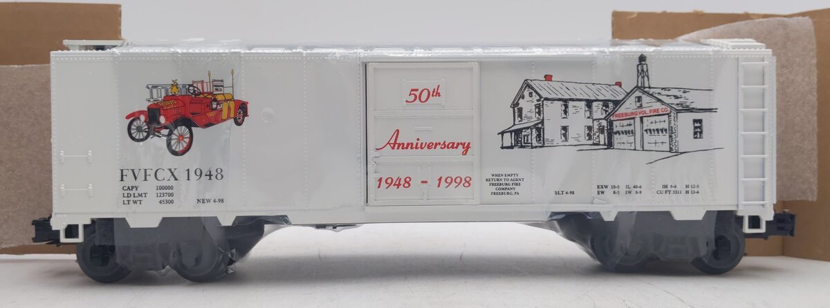 Weaver 184 O Gauge Freeburg Vol. Fire Co. Steel Side Boxcar - 3 Rail NIB