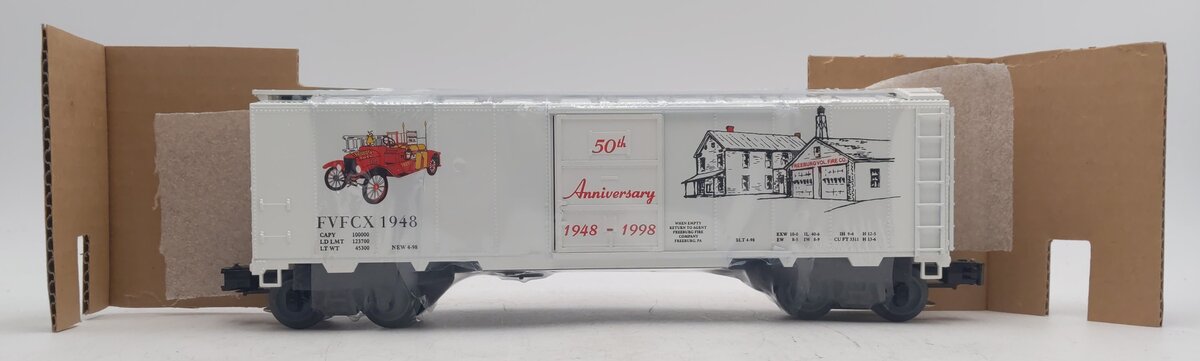 Weaver 184 O Gauge Freeburg Vol. Fire Co. Steel Side Boxcar - 3 Rail NIB