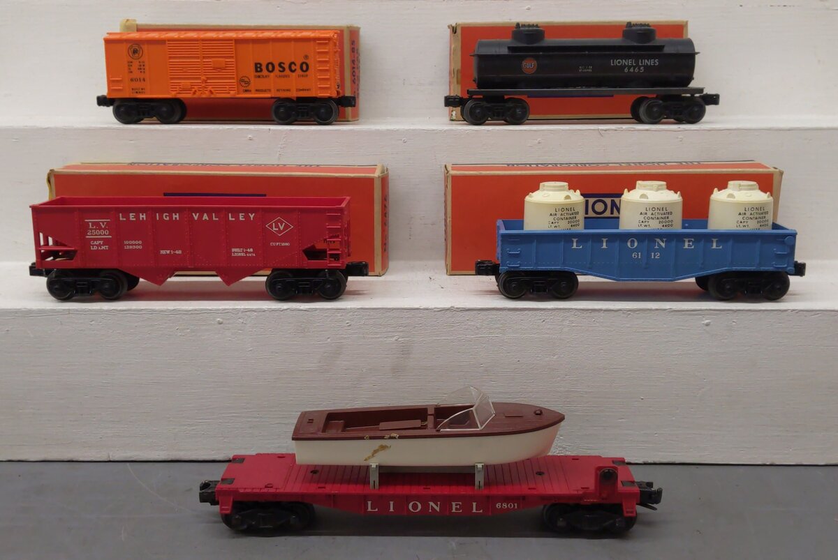 Lionel Vintage O Freight Cars: 6112-85, 6465, 6476, 6014-85, 6801 [5] EX/Box