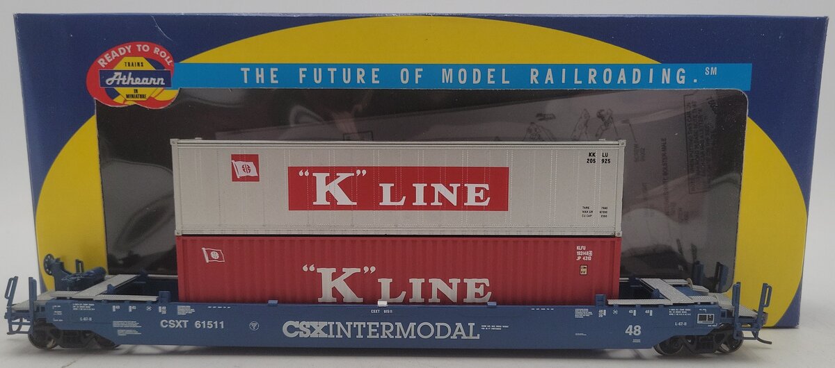 Athearn 72555 CSX Husky Stack Well Car w/2 Containers EX/Box