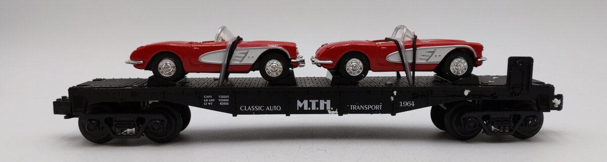 MTH 30-7624 O Gauge Auto Transport Flatcar with 2 Ertl '64 Corvettes #19640 LN/Box
