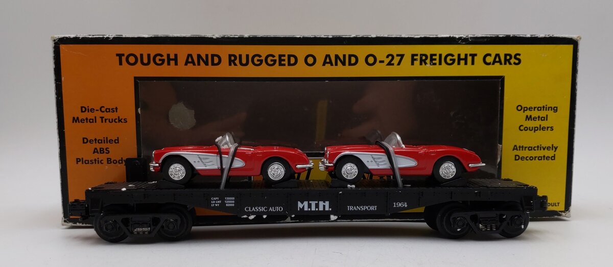MTH 30-7624 O Gauge Auto Transport Flatcar with 2 Ertl '64 Corvettes #19640 LN/Box