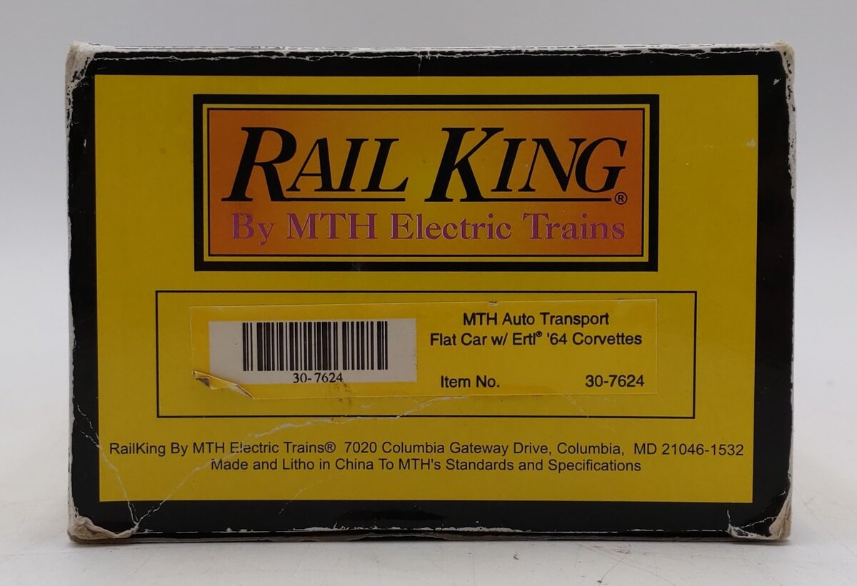 MTH 30-7624 O Gauge Auto Transport Flatcar with 2 Ertl '64 Corvettes #19640 LN/Box