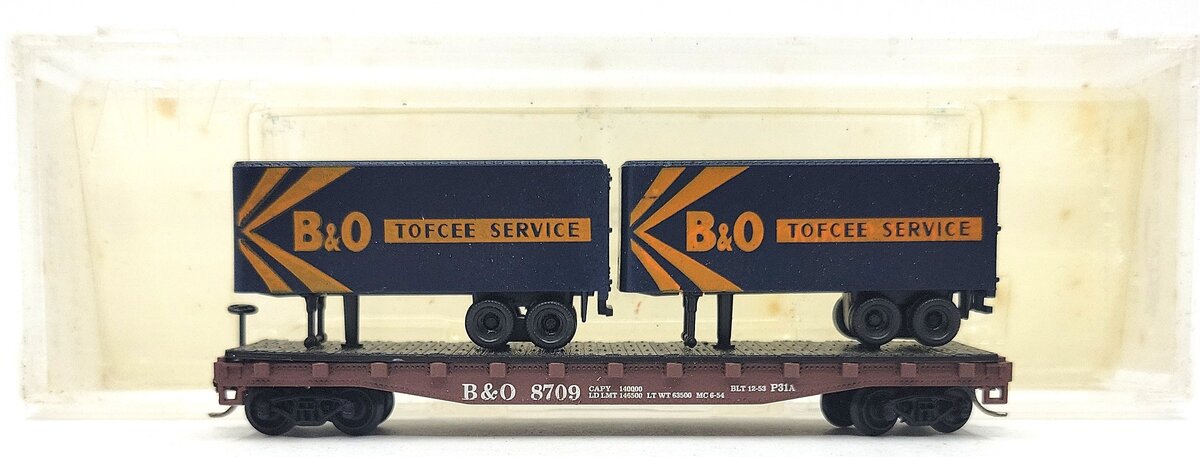 Atlas 3749 N Scale Baltimore & Ohio Piggy Back Flat #8709 w/B&O Toffee Trailers LN/Box