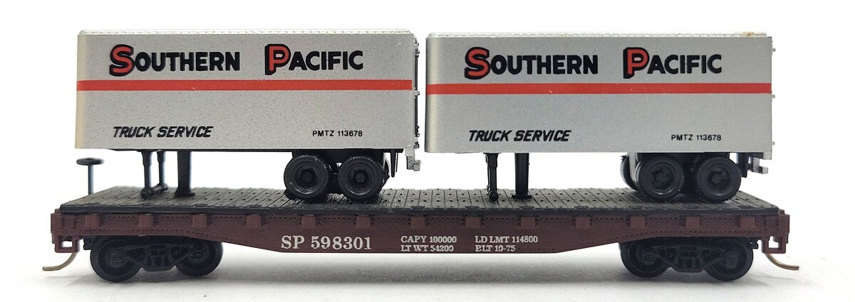 Atlas 3744 N Scale South Pacific Piggyback Flat Car w/ Trailers EX/Box