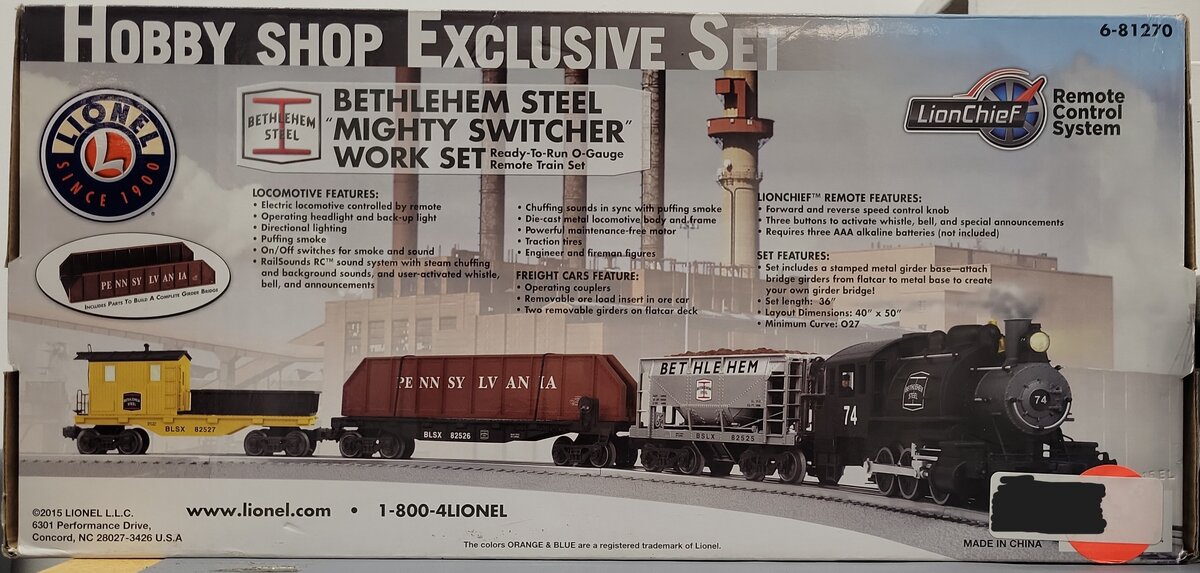 Lionel 6-81270 Bethlehem Steel LionChief Work Train O Gauge Steam Train Set LN/Box