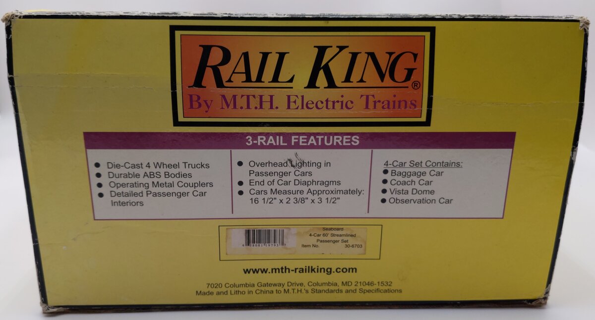 MTH 30-6703 O Seaboard Rail King 60' Streamlined ABS Passenger (Set of 4) LN/Box