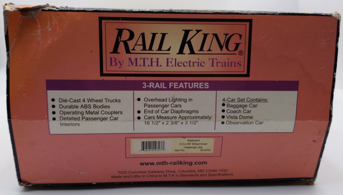 MTH 30-6703 O Seaboard Rail King 60' Streamlined ABS Passenger (Set of 4) LN/Box
