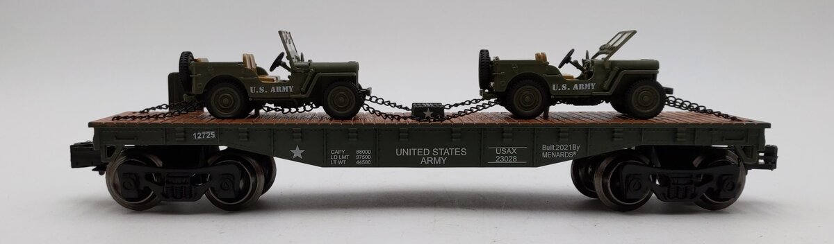 Menards 279-3380 O Army Flatcar w/ Two Jeeps #12725 LN/Box