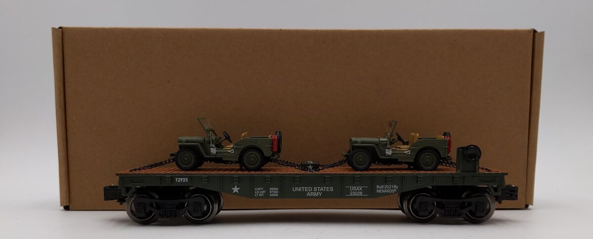 Menards 279-3380 O Army Flatcar w/ Two Jeeps #12725 LN/Box