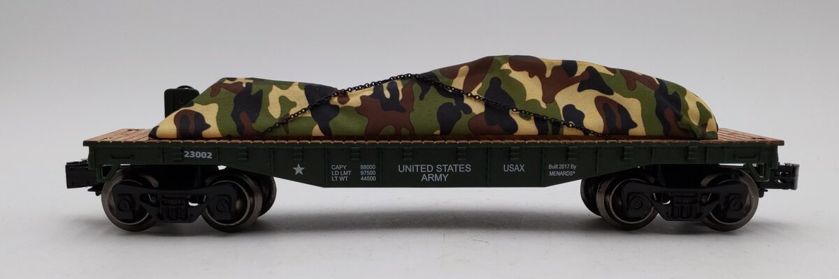 Menards 279-3478 O US Army Flat Car w/Tarped Load #22975 LN