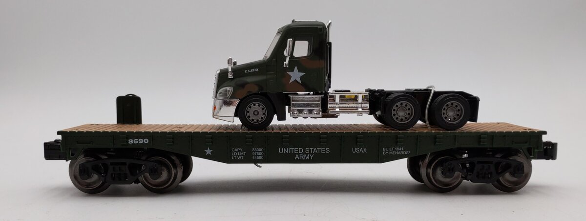 Menards Gold Line O Gauge Army Flatcar w/ Army Semi Tractor No.279-3966 LN