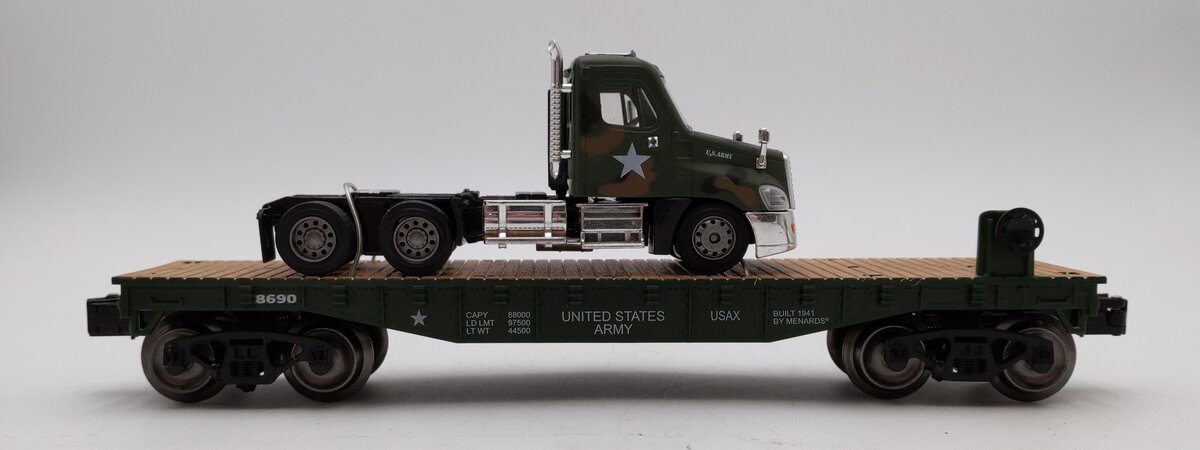 Menards Gold Line O Gauge Army Flatcar w/ Army Semi Tractor No.279-3966 LN